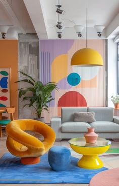 a living room filled with lots of furniture and colorful decor on top of carpeted flooring