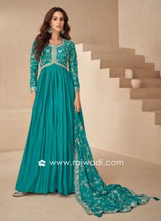 Dark Cyan Color Anarkali Dress With Embroidered Dupatta... Anarkali Dress Designs, Chiffon Anarkali, Cyan Color, Silk Anarkali, Gown With Dupatta, Dark Cyan, Two Piece Gown, Party Wear Gown, Gown Pattern