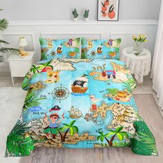 a bed covered in blue and green sheets with pirate maps on it, along with potted plants