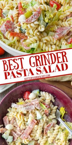 pasta salad in a bowl with the words best grinder pasta on top and below