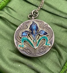 Enamel Iris Flower Locket Necklace Antique Art Nouveau Sterling Silver AML Art Nouveau Jewelry Vintage, Art Nouveau Locket, Antique Jewelry Necklace, Iris Flower, Sterling Silver Locket, Purple Iris, Necklace Antique, Art Nouveau Design, Art Nouveau Jewelry