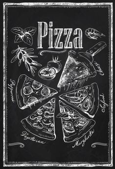 a chalk drawing pizza menu on a blackboard with different types of toppings and ingredients