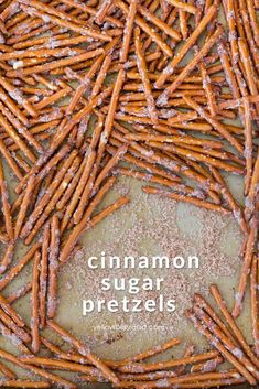 cinnamon sugar pretzels on a baking sheet with the words cinnamon sugar pretzels