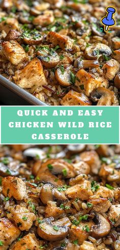 A Chicken Wild Rice Casserole featuring tender chicken pieces, wild rice, sautéed mushrooms, and garnished with fresh parsley in a baking dish. Turkey And Wild Rice Casserole, Chicken Mushroom Wild Rice Casserole, Chicken Wild Rice Sweet Potato Casserole, Wild Rice Turkey Casserole, Easy Rice Casserole, Chicken With Wild Rice, Rice Chicken And Broccoli, Leftover Wild Rice Recipes, Asian Rice Casserole Recipes