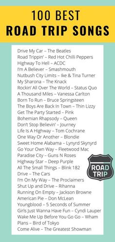 the road trip song list is shown in blue and yellow, with words above it