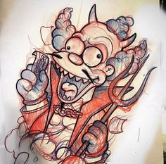 a drawing of a cartoon character with scissors in it's hands and mouth open