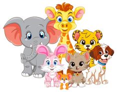 many different cartoon animals together on a white background