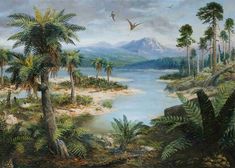 an oil painting of a tropical scene with birds flying over the water