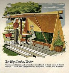 an advertisement for two way garden shelter with people sitting at a table on the porch