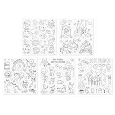 four coloring sheets with different designs on them