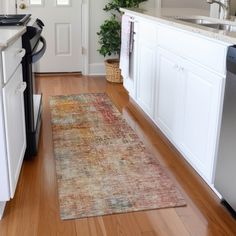 a kitchen area with a rug, sink and dishwasher on the floor in front of the door