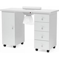 a white desk with three drawers and a tissue dispenser