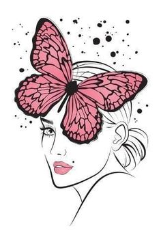 a woman's face with a pink butterfly on her head and dots in the background