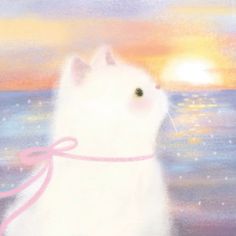 a painting of a white cat with a pink ribbon around its neck looking out at the ocean