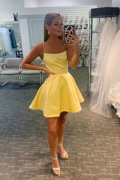 Yellow Homecoming Dress, Prom Dress Yellow, Homecoming Dresses Under 100, Yellow Homecoming Dresses, Short Satin Dress, Cocktail Dress Yellow, Cute Homecoming Dresses, Prom Dresses Yellow, Yellow Satin