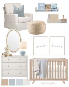 a baby's nursery room with neutral colors