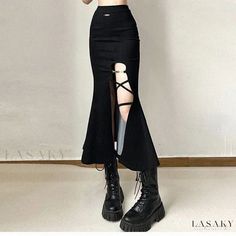 Lasaky - Fan Cool Design Strappy Midi Skirt with Side Slit – Stylish Mermaid Hem Maxi Skirt Midi Skirt Y2k, Skirt Streetwear, Womens Denim Skirts, Long Formal Gowns, Playful Style, Bandage Skirt, Fishtail Skirt, Skirt Y2k, Skirts Midi High Waisted