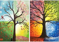 two paintings of trees in different colors and sizes, one is painted with acrylic paint