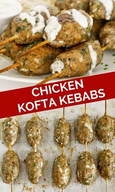 chicken kofta kebabs are served on skewers with white sauce