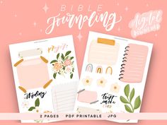 two pages of printable bible journal with flowers and leaves on the cover, one is pink