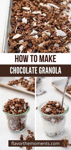 chocolate granola with coconut flakes in a glass bowl and on a baking sheet