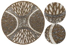 three circular designs made out of beads on a white background, each with different colors and sizes