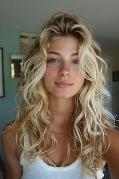 Woman With Long Blonde Hair, Bright Spring Blonde Hair, Shoulder Length Blonde Wavy Hair, Beach Waves Blonde Hair, Long Blonde Wavy Hair Natural, Blonde Hair Color Ideas For Curly Hair, Blonde Highlights Layered Hair, Blonde Hair Reference, Dirty Blonde Hair With Highlights Curly