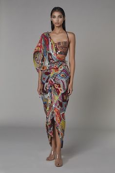 Buy Multi Color Georgette Lurex Printed Hibiscus V Dahlia Bouquet High Low Dress For Women by Mandira Wirk Online at Aza Fashions. Maxi Dress For Women, Color Abstract, Draped Dress, African Inspired, Designer Gowns, Dress For Women, Festival Wear, Printed Maxi Dress, Indian Outfits