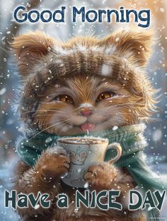 a cat is holding a coffee cup in its paws while it's snowing