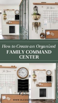 the family command center is organized with calendars, clocks and other things to do