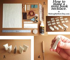 the instructions for making mini book necklaces are shown in three different pictures, including glue and paper