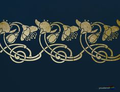 three gold flowers on a black background with swirls and curls in the middle,