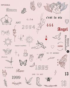 the back side of a pink sheet with tattoos on it and words written in different languages