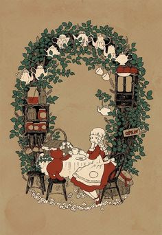 an illustration of a woman sitting at a table in front of a wreath with cats on it