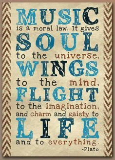 a poster with the words music is a normal law it gives soul to the universe, wings