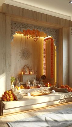 the interior of a room decorated with flowers and candles