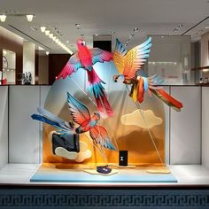 a display case with colorful birds on it's sides and an electronic device in the foreground