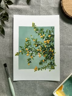 an image of some yellow flowers on a green and white background with paintbrushes