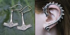 two pictures of earrings and one has a dragon head on the ear with spikes in it