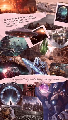 a collage of photos and text with an image of a futuristic city in the background