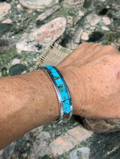 "* Aluminum Cuff Bracelet. 3.5 X 14 mm Thick and Wide. * Polished and Brushed Inside. * Mixed King Man Turquoise Inlay. * Weight 18 g. 0.6 oz for the 6.5\" Wrist. * Listed has 3.5 mm Thickness. 5 mm thickness is available on the option. * Measure your whole wrist tightly on the wrist bone and mark it on the option. Do not add or less on your measured one. It will be added 1/10\" on your wrist size for the comfortable." Mens Turquoise Cuff Bracelet, Turquoise Cuff Bracelet With Polished Finish, Turquoise Men, Mens Bracelet Silver, Wedding Jewelry Bracelets, Best Gifts For Men, Sterling Silver Mens, Bracelet Clasps, Wedding Bracelet