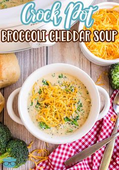 broccoli cheddar soup in a white bowl with cheese and bread on the side