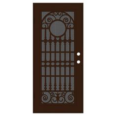 a brown door with wrought iron grills on the side and two circles at the top