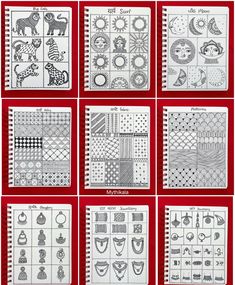 nine different patterns and designs in black and white on a red background with the words,