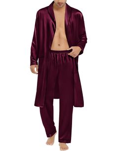 PRICES MAY VARY. 🛀Premium Fabric: Classic men's Bathrobe with Pants made of 95% Polyester, 5% Spandex silk satin material, luxuriously soft, lightweight material with silky feel for comfy night sleep 🛀2PCS Sleepwear: Men's Kimono bathrobe with pants set included a knee-length, long-sleeve robe with two front pockets, classical v-neck design with two pockets for small items; belt loops and inside ties for free adjustment; pants with soft elastic waist. Very comfortable for wearing around the ho Solid Satin Finish Sleepwear For Loungewear, Fitted Satin Robe For Loungewear, Mens Silk Pajamas, Men's Kimono, Kimono Bathrobe, Dr Wardrobe, Silky Robe, Bathrobe Men, Male Kimono