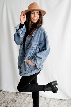 Oversized Denim Jacket | BoomyLA Causal September Outfit, Jean Jacket Outfits Modest, Oversized Demin Jacket Outfit Winter, Work Outfit Fall 2023, Over Sized Jean Jacket Outfits Fall, Every Day Casual Outfits, Boyfriend Jean Jacket Outfits, Goodwill Finds Clothes Outfits, Oversized Denim Shacket Outfit