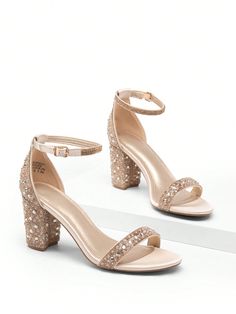 Women Rhinestone Chunky High Heeled Sandals Fashionable Open Toe Ankle Strap Party Heeled Sandals For Halloween Christmas Fall Gold Fashionable    Plain Ankle Strap   Women Shoes, size features are:Bust: ,Length: ,Sleeve Length: Pearl Shoes, High Heeled Sandals, Party Heels, Chunky High Heels, Nude Heels, Dream Board, Casual Girl, Heeled Sandals, High Heel Sandals