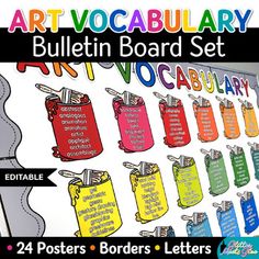 a bulletin board with different colors and writing on it's sides, along with the words art vocaulary