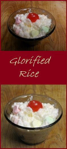 two bowls filled with rice and jelly on top of a wooden table next to each other