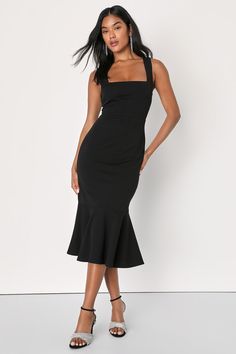 Black Midi Dress - Trumpet Midi Dress - Black Cocktail Dress - Lulus Cocktail Style Wedding Guest Dress, Square Neckline Dress With Sleeves, Black Graduation Outfit, Cocktail Dresses For Women Over 50, Company Party Outfit, Dressy Casual Wedding Attire, Wedding Guest Dress Petite, Midi Graduation Dress, Black Midi Dress Formal